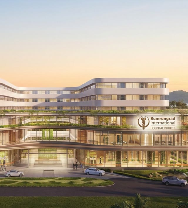 Bumrungrad International Hospital Phuket building entrance at sunset